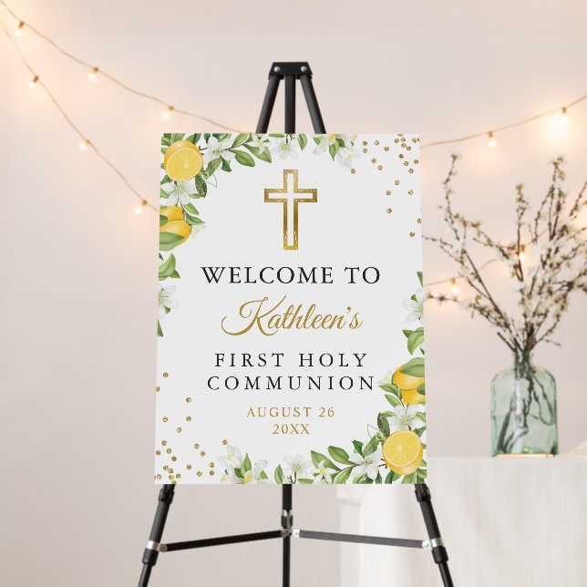 Lemon Greenery Gold Glitter First Holy Communion Foam Board (In Situ (Stand))