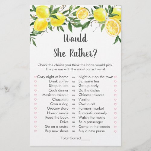 Lemon Greenery Gold Would She Rather Bridal Game