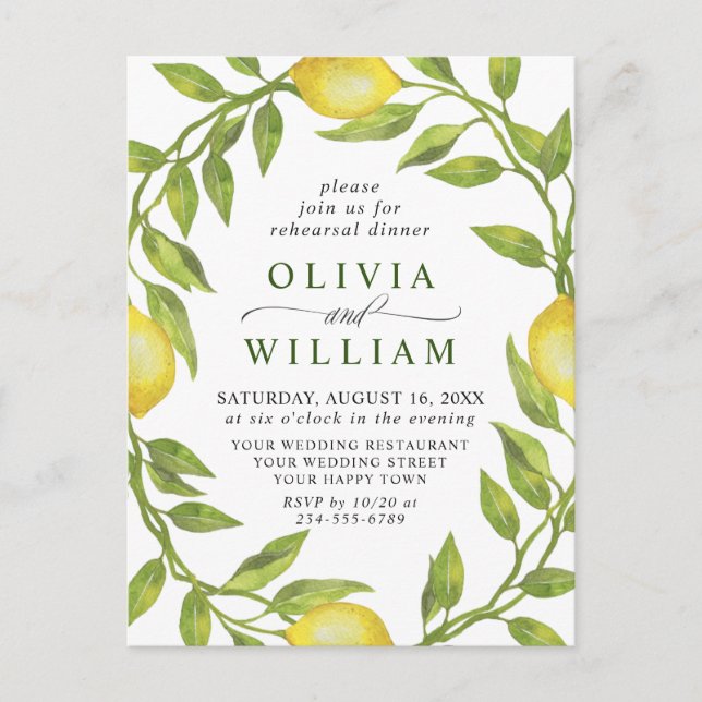 Lemon Greenery REHEARSAL DINNER Invitation Postcard (Front)