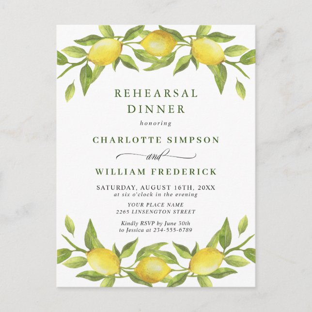 Lemon Greenery REHEARSAL DINNER Invitation Postcard (Front)