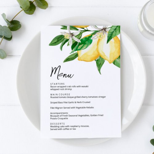Lemon Greenery Wedding Menu Card