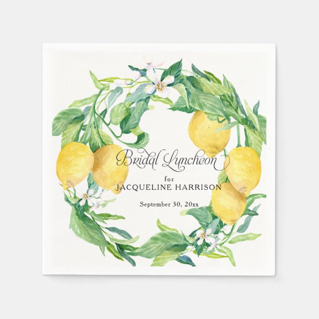 Lemon Greenery White Floral Wreath Bridal Luncheon Napkins (Front)