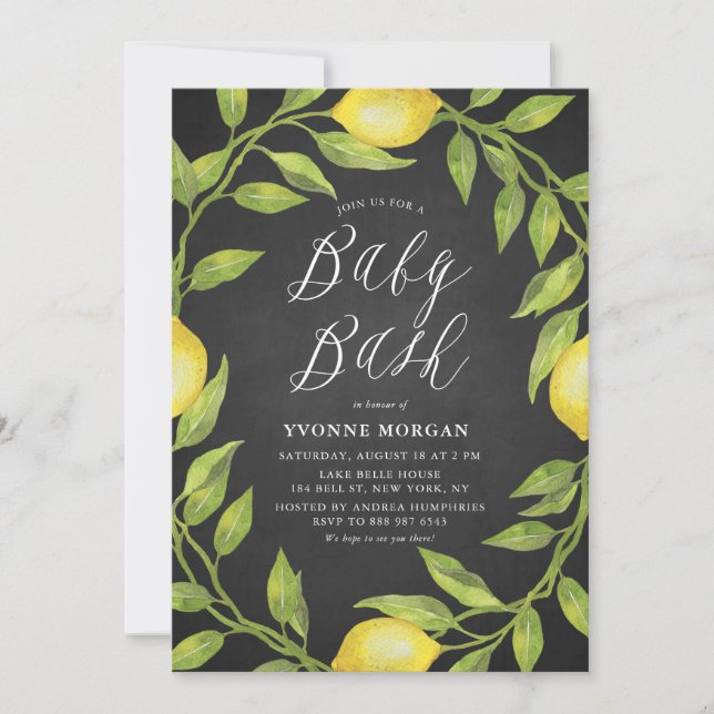 Lemon Greenery Wreath Chalkboard Baby Shower Bash Invitation (Front)