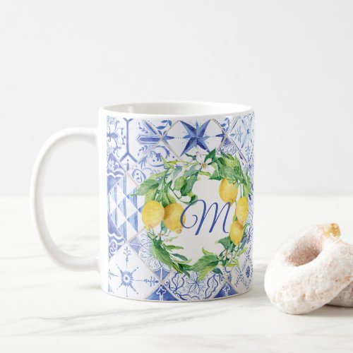 Lemon Greenery Wreath White Floral Blue Monogram Coffee Mug