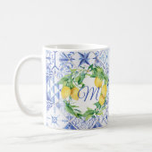 Lemon Greenery Wreath White Floral Blue Monogram Coffee Mug (Left)