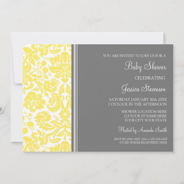 Lemon Grey Damask Custom Baby Shower Invitations (Back)