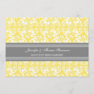 Lemon Grey Damask Just Married Announcement Cards