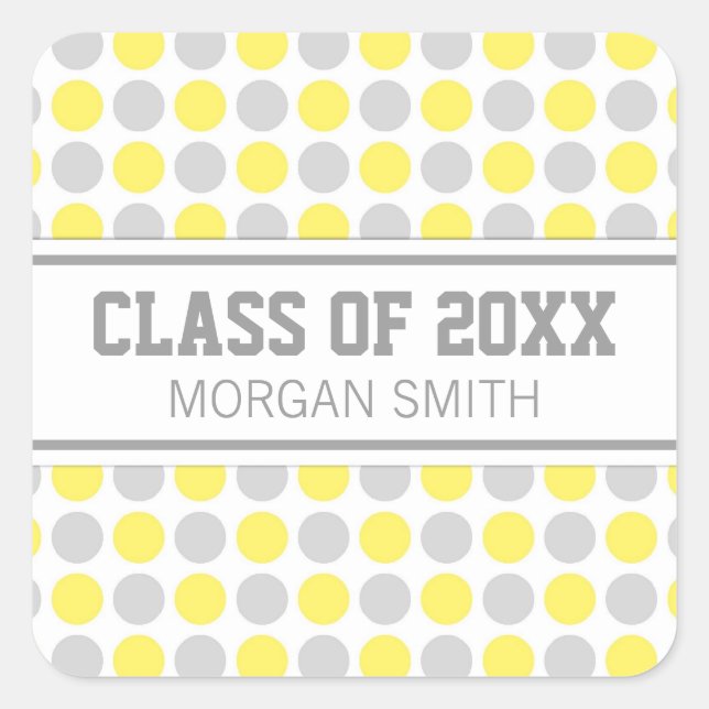 Lemon Grey Dots Graduation Custom Year Name Square Sticker (Front)