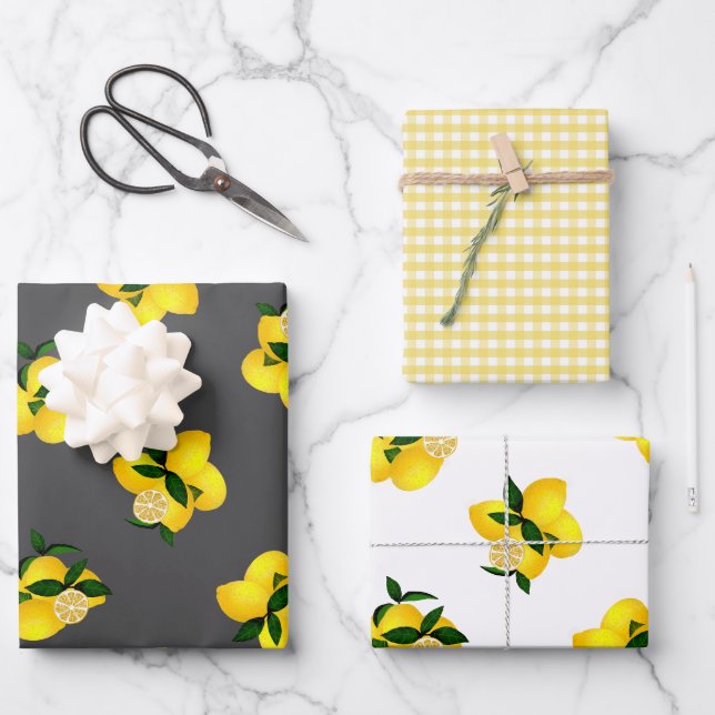 Lemon Grey Gingham Wrapping Paper Sheets (Front)