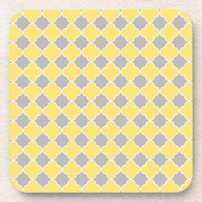Lemon Grey Quatrefoil Pattern Coaster Set (Front)