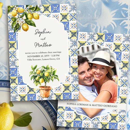 Lemon Grove Blue Yellow Italian Inspired Wedding Invitation