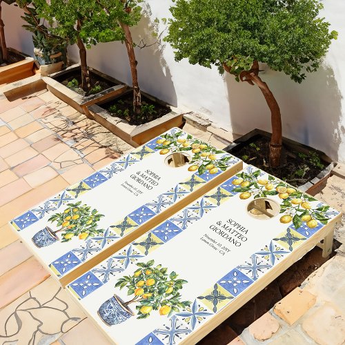 Lemon Grove Mediterranean Tile Wedding Anniversary Cornhole Set
