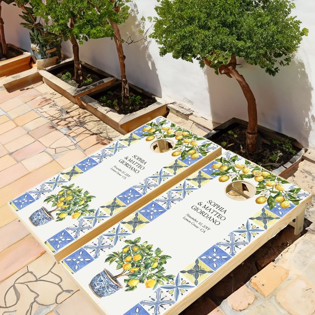 Lemon Grove Mediterranean Tile Wedding Anniversary Cornhole Set (Wedding or Anniversary Cornhole Game from the Lemon Grove Wedding Collection by Darling & May)