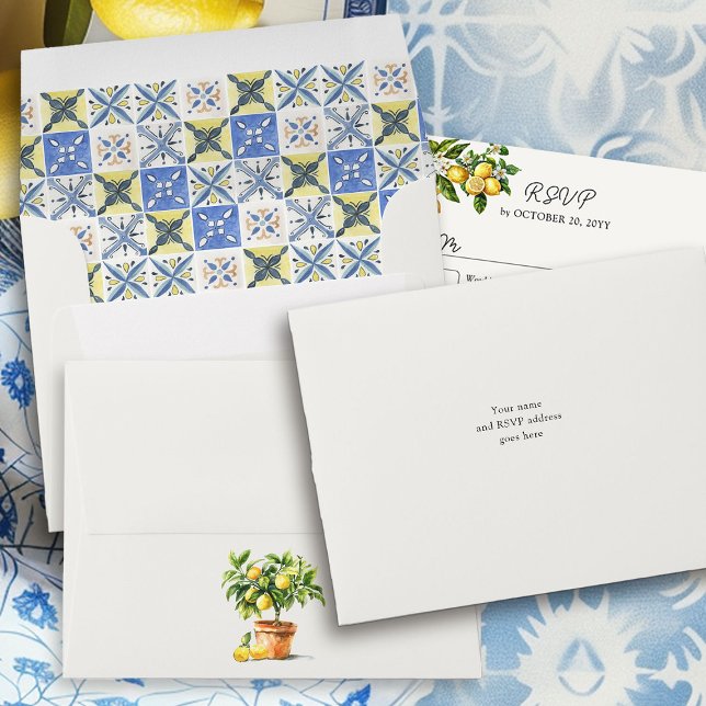Lemon Grove Mediterranean Tiles Wedding RSVP Envelope (Pre-Addressed RSVP Envelopes from the Lemon Grove Wedding Collection by Darling & May)