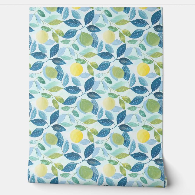 Lemon Grove Petite - Blue, Green, Yellow - Organic Wallpaper (Unrolling)