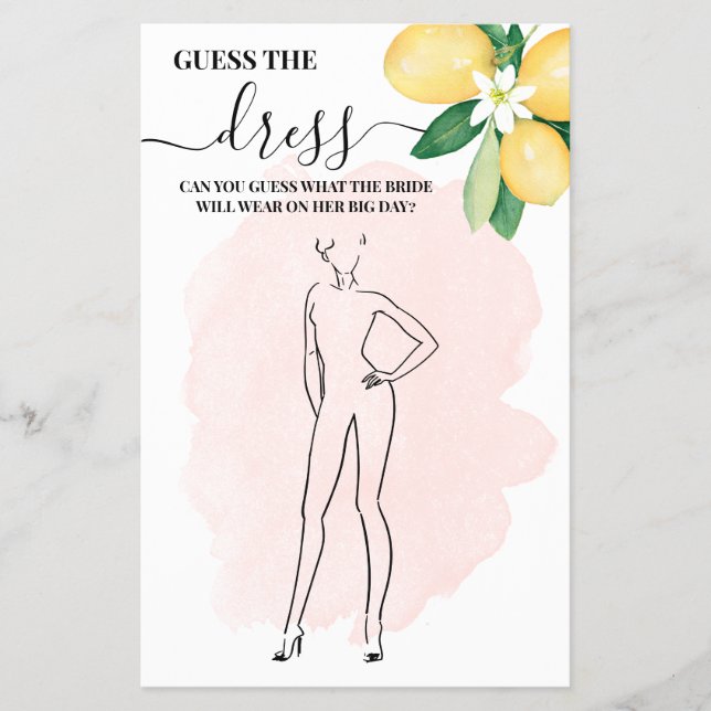 Lemon Guess the Dress Pink Bridal Shower Game Card Flyer (Front)