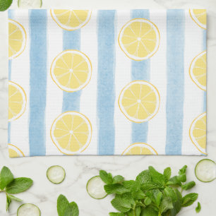 Lemon Halves on Ocean Blue Stripes Kitchen Towel