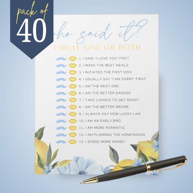 Lemon He Said She Said Shower Game Pack Notepad (Main Squeeze Lemon and Blue Flower Guess Who Said It Bridal Shower Game Pack of 40 Games)
