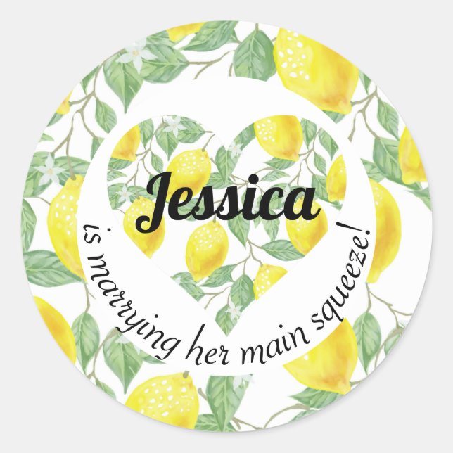 Lemon Heart Main Squeeze Themed Bridal Shower Classic Round Sticker (Front)