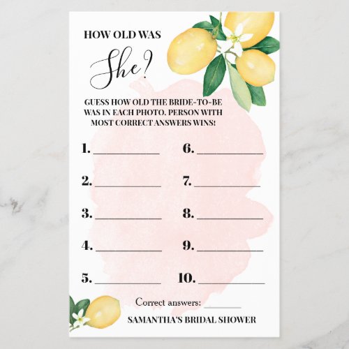 Lemon How old was She Pink Bridal Shower Game Card Flyer