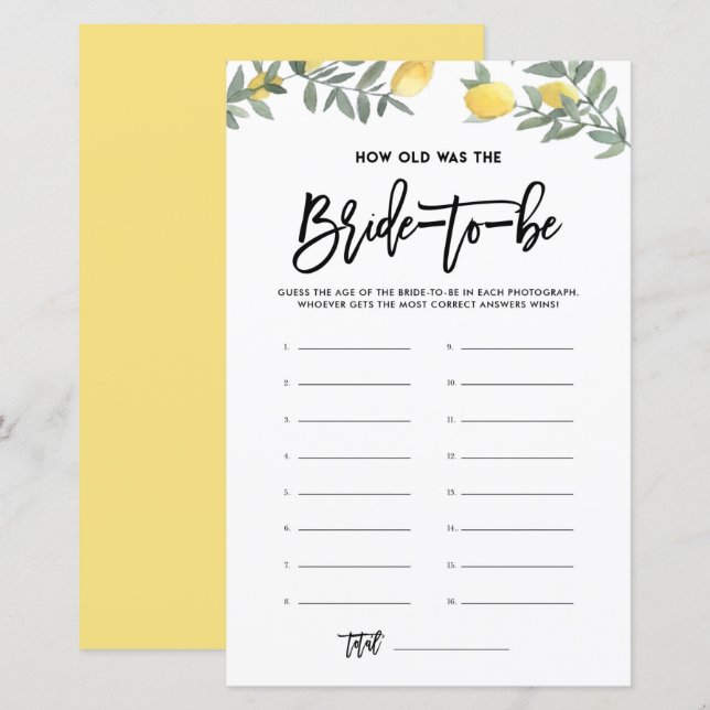 Lemon How Old Was the Bride Bridal Shower Game (Front/Back)