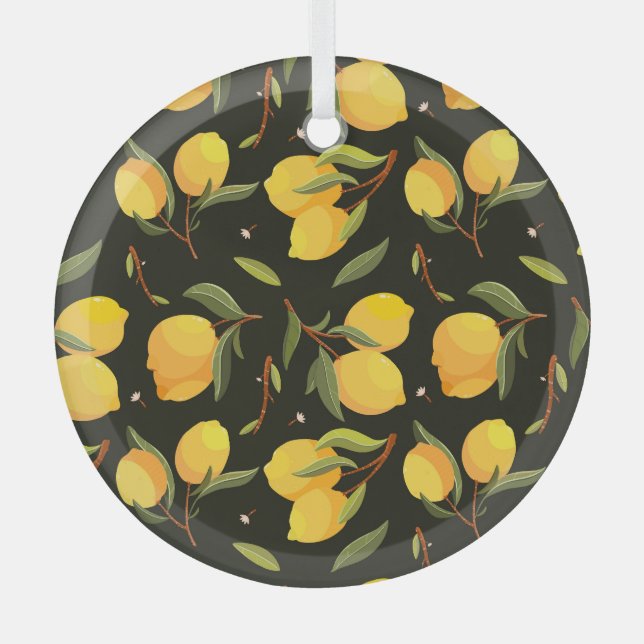 Lemon Illustration: Handpainted Seamless Pattern. Glass Ornament (Front)