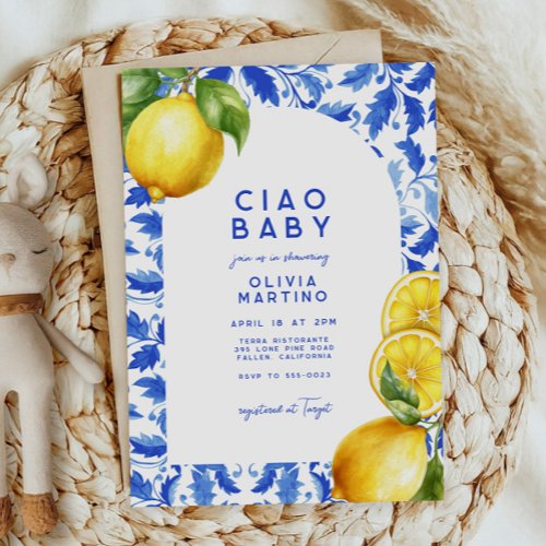 Lemon Italian Amalfi Blue Tile Baby Shower Invitation