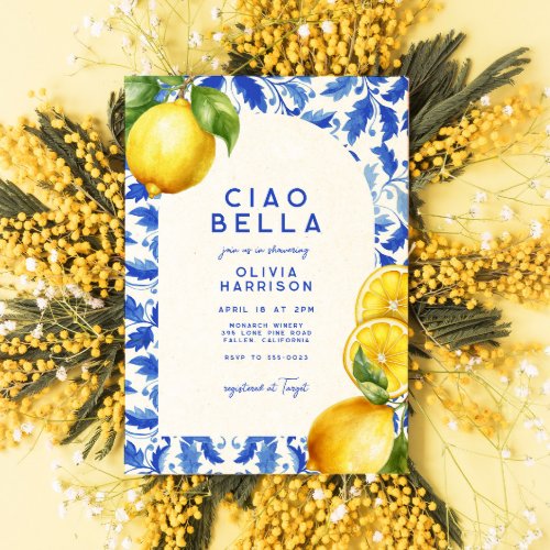 Lemon Italian Amalfi Blue Tile Bridal Shower Invitation