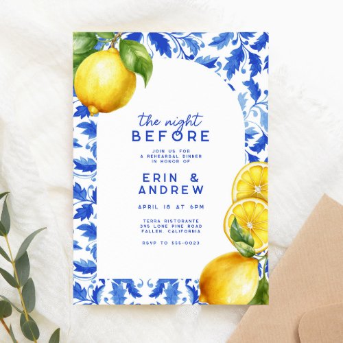 Lemon Italian Amalfi Blue Tile Rehearsal Dinner Invitation