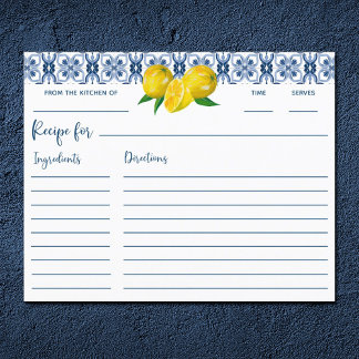 Lemon Italian Blue Tile Bridal Shower Recipe Card
