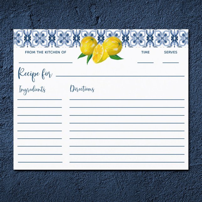 Lemon Italian Blue Tile Bridal Shower Recipe Card (Creator Uploaded)