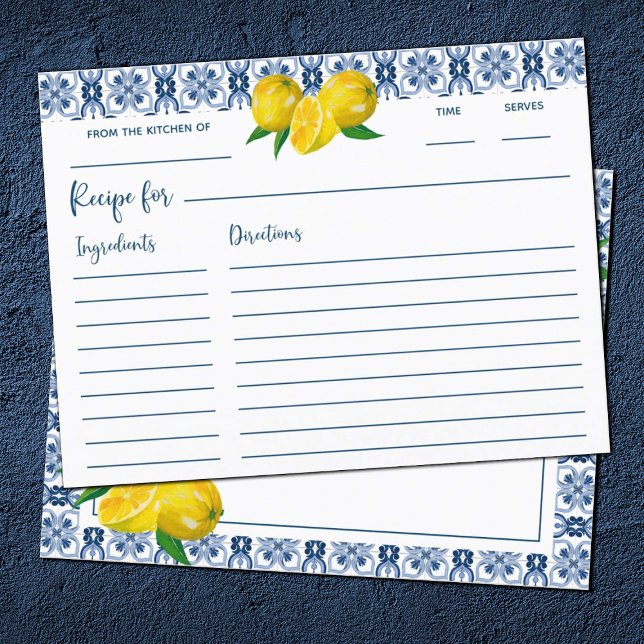 Lemon Italian Blue Tile Bridal Shower Recipe Card (Creator Uploaded)