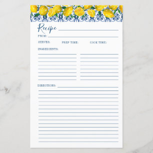 Lemon Italian Blue tile Bridal Shower Recipe Card