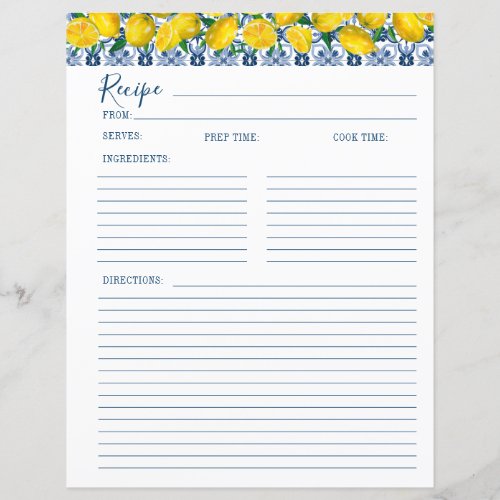Lemon Italian Blue Tile Bridal Shower Recipe Card