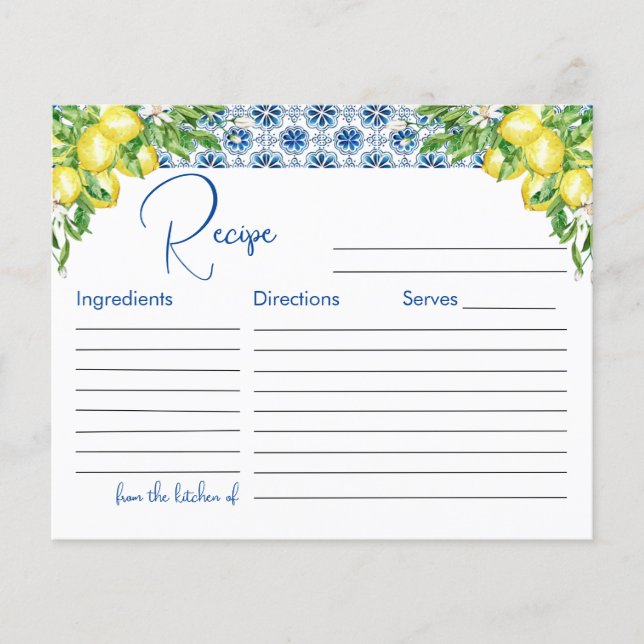 Lemon Italian Blue Tile Bridal Shower Recipe Card (Front)