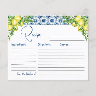Lemon Italian Blue Tile Bridal Shower Recipe Card