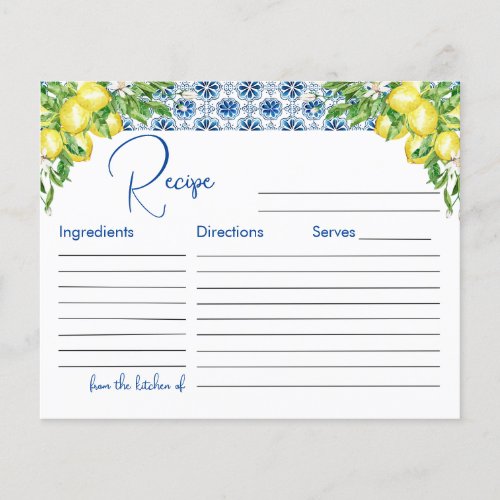 Lemon Italian Blue Tile Bridal Shower Recipe Card
