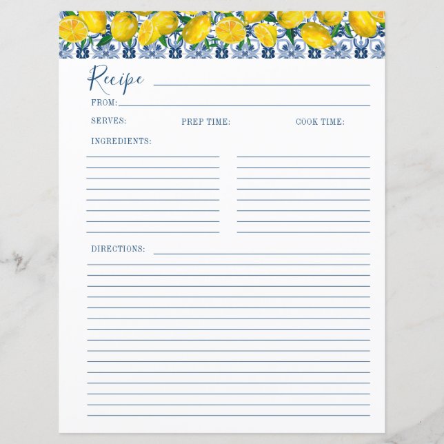 Lemon Italian Blue tile Bridal Shower Recipe Card  (Front)