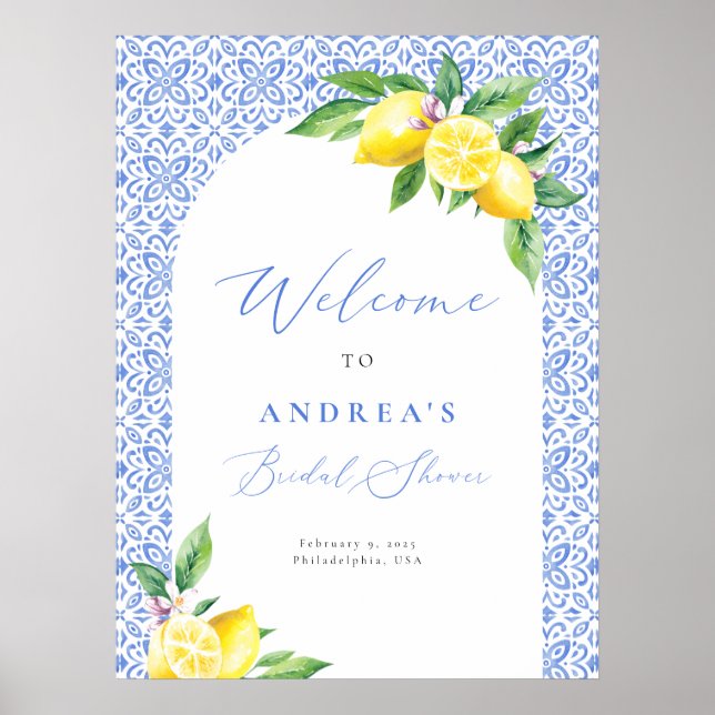 Lemon Italian Blue Tile Positano Bridal Shower Poster (Front)