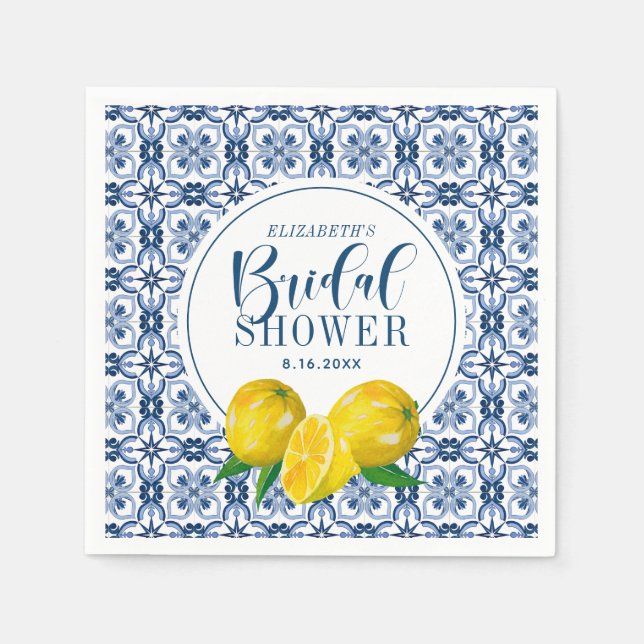 Lemon Italian Blue Tile Wedding Bridal Shower Napkins (Front)