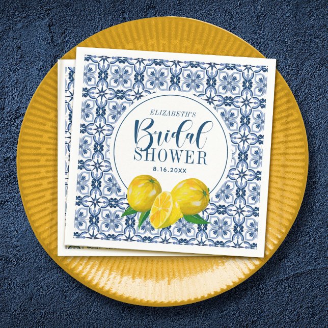 Lemon Italian Blue Tile Wedding Bridal Shower Napkins (Lemon Mediterranean Bridal Shower Napkin)