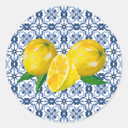 Lemon Italian Blue Tile Wedding Favor Sticker