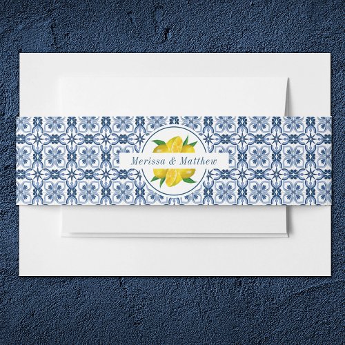 Lemon Italian Blue Tile Wedding Invitation Belly Band