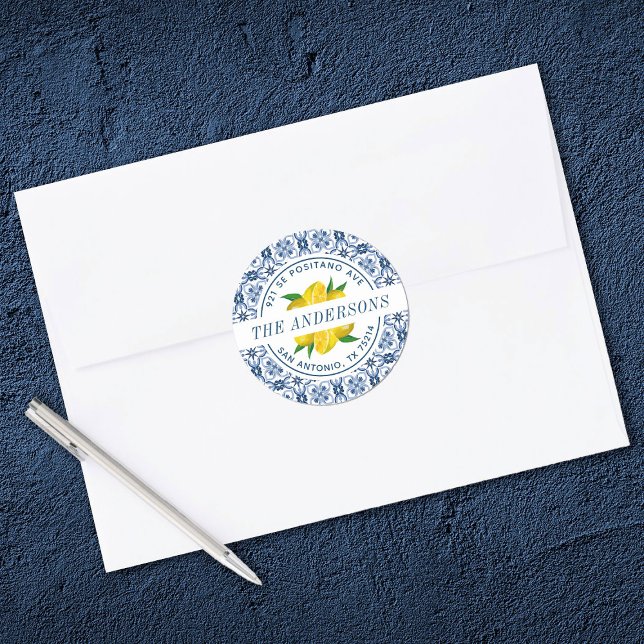Lemon Italian Blue Tile Wedding Return Address Classic Round Sticker (Elegant round Mediterranean lemon wedding address labels)