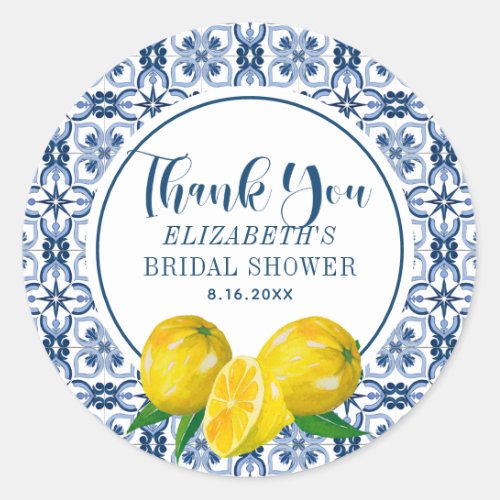 Lemon Italian Blue Tile Wedding Thank You Sticker