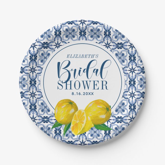 Lemon Italian Blue Tile Wedding Thank You Sticker  Paper Plates (Front)