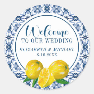Lemon Italian Blue Tile Wedding Welcome Sticker