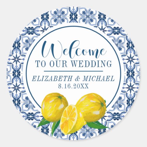 Lemon Italian Blue Tile Wedding Welcome Sticker