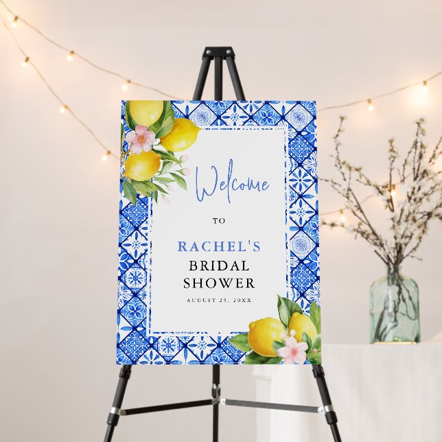 Lemon Italian Blue Tiles Bridal Shower Welcome Foam Board (In Situ (Stand))