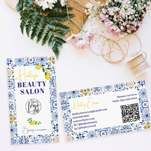 Lemon Italian blue tiles watercolor beauty salon Business Card